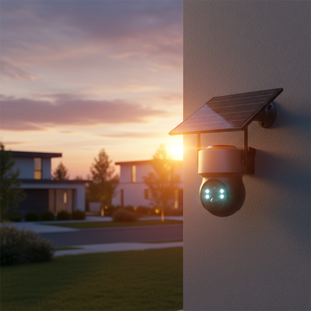 XT30 Pro solar camera on modern home at sunset