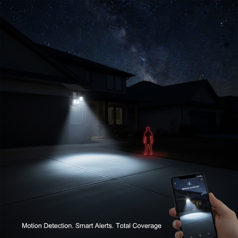 XT30 Pro spotlighting a driveway intruder with motion detection alert on smartphone