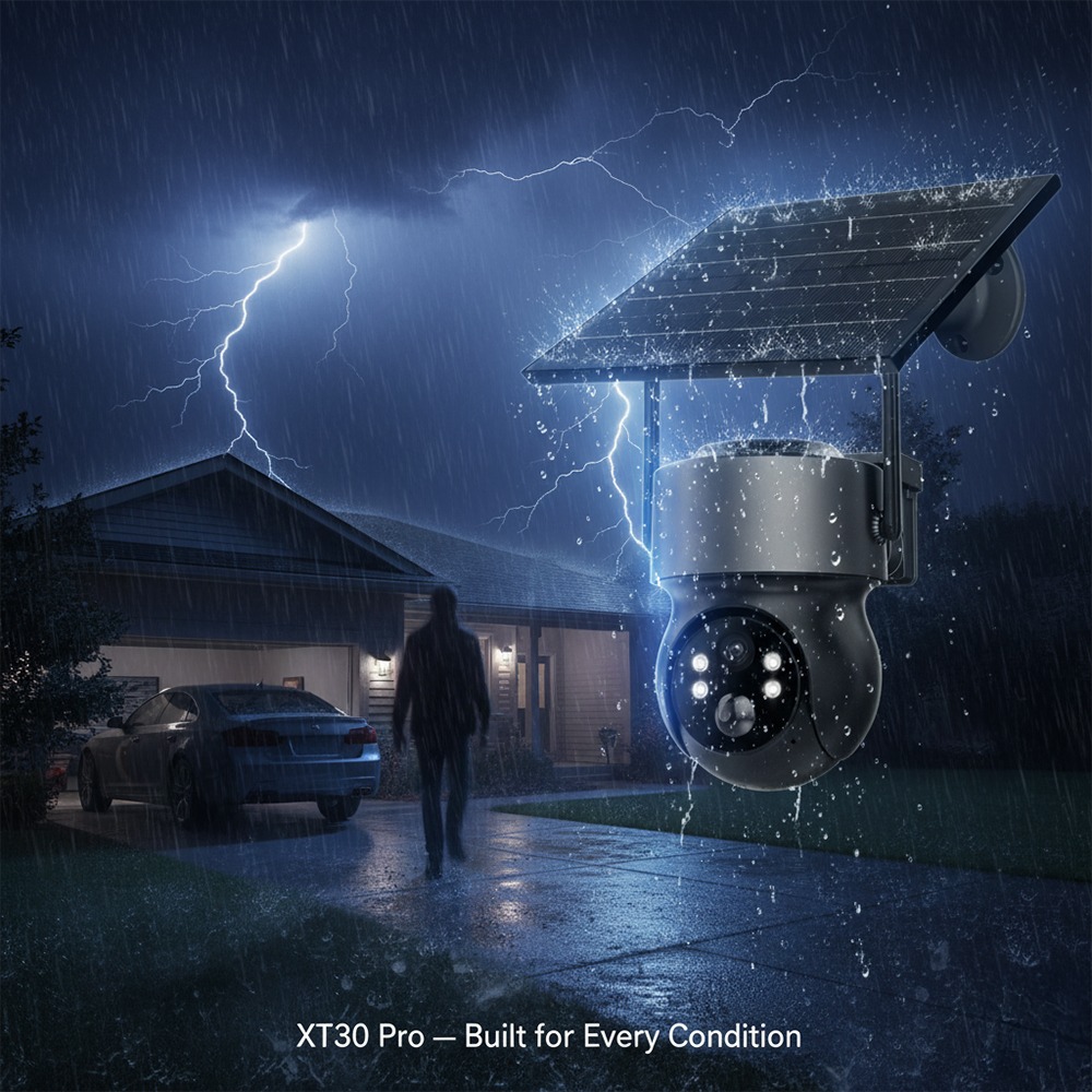 XT30 Pro solar security camera working in heavy rain and lightning